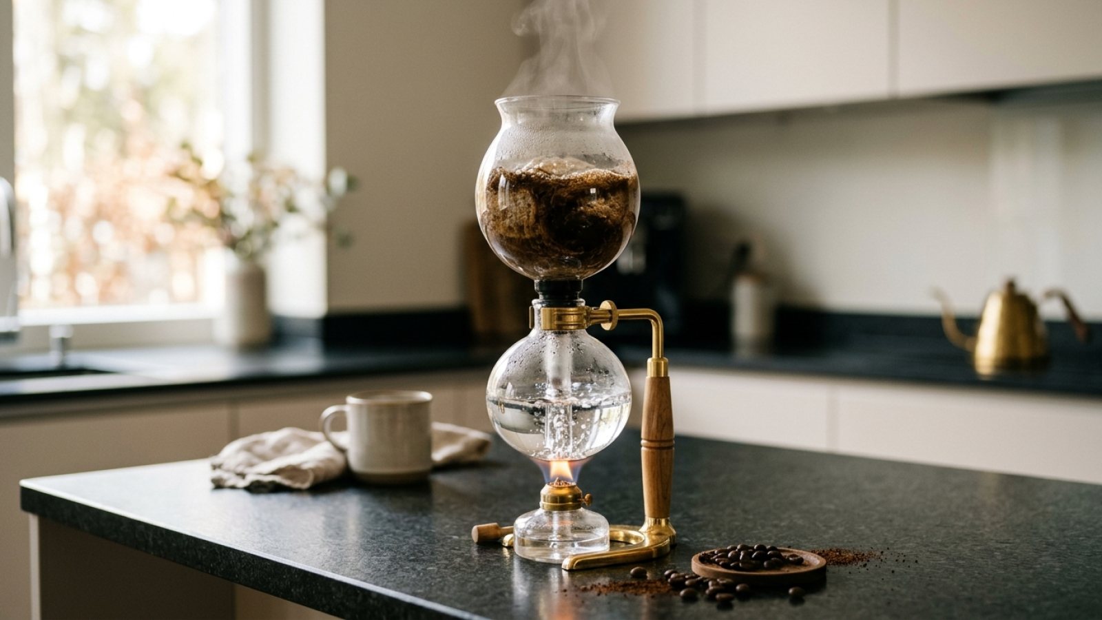Siphon coffee brewer in action, with coffee rising into the upper chamber as steam escapes.